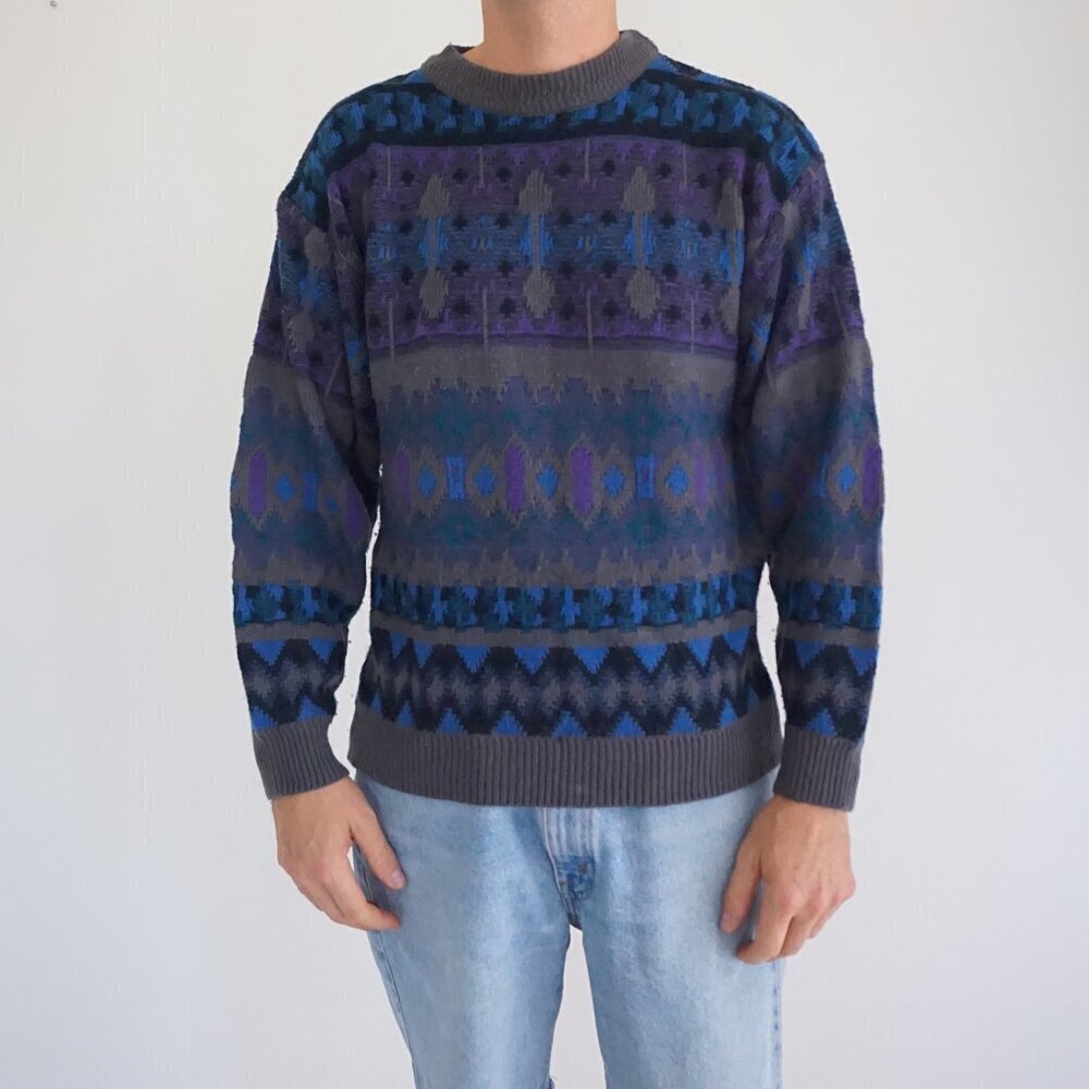 Vintage Naturale Blue Purple Geometric Knit Crewneck Sweater L Retro 90s
